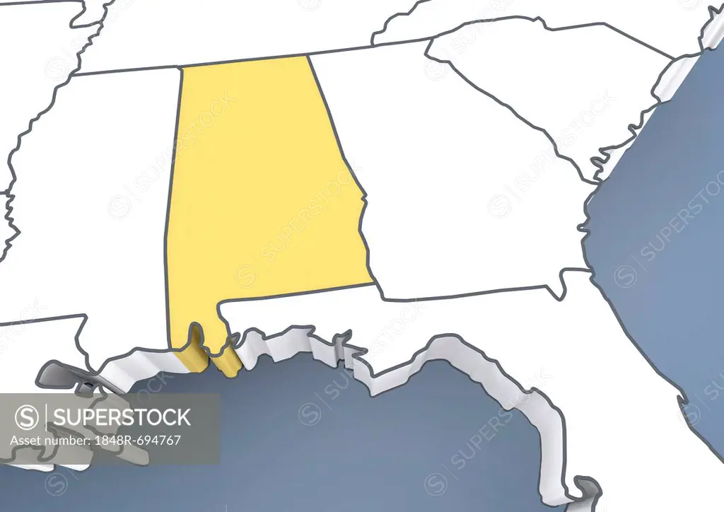 Alabama, AL, USA, United States of America, outline, 3D illustration