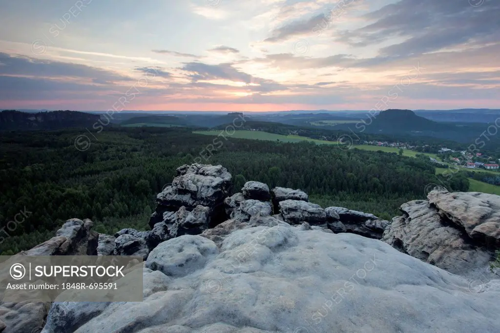 Evening mood on Gohrisch Mountain with the sunset in the Elbe Sandstone Mountains, Saxony, Germany, Europe