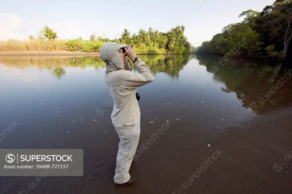 Hiker with binoculars at the mouth of the Rio Sirena River, Sirena, Corcovado National Park, Puntarenas Province, Costa Rica, Central America