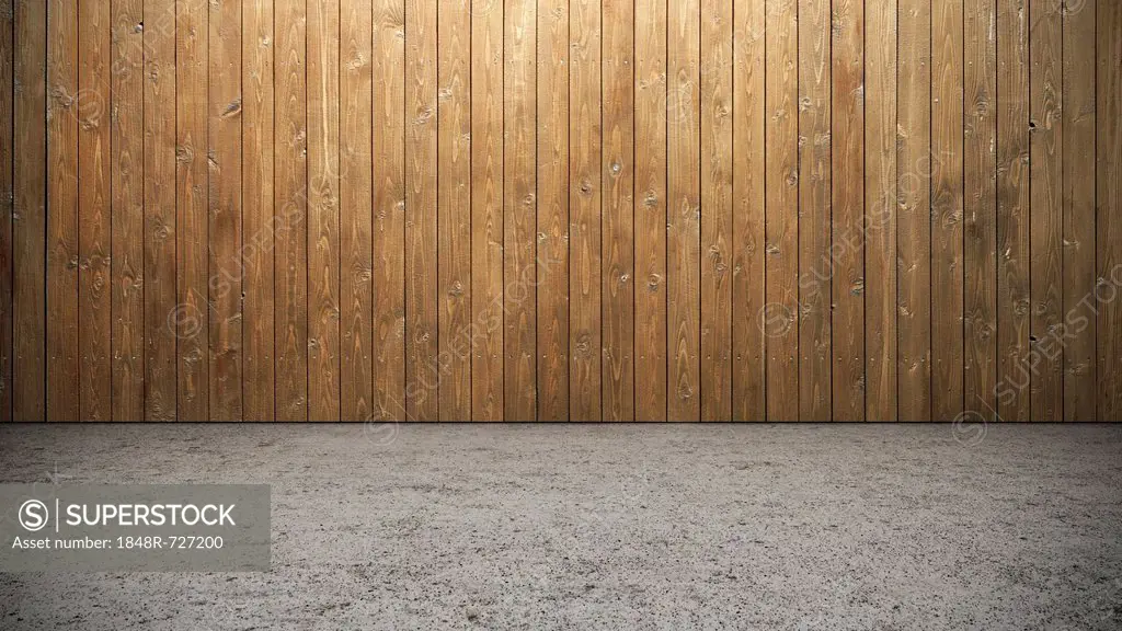 Empty room, wall made of wooden boards, concrete, stone floor