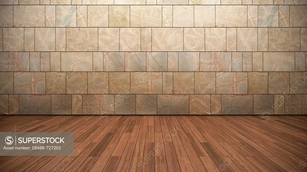 Empty room, wall made of sandstone, wooden floor, flooring, teak