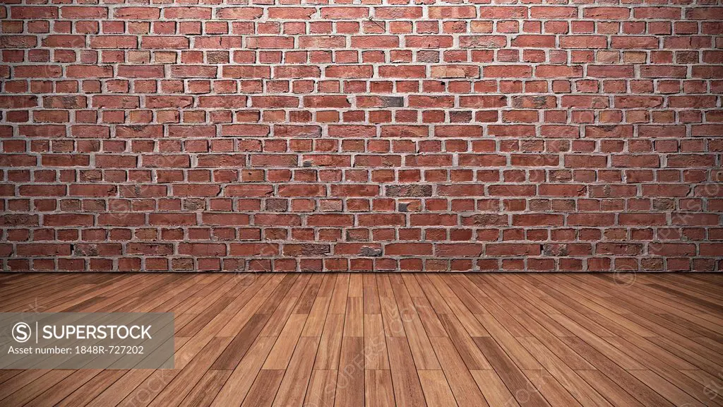 Empty room, wall, brick, wooden floor, floor boards, teak