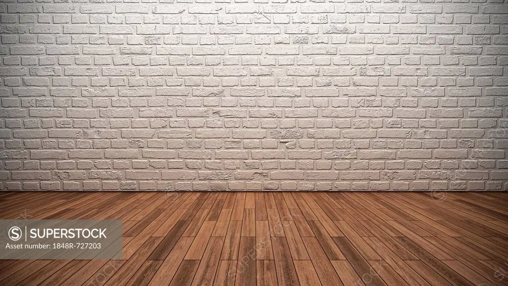 Empty room, whitewashed brick wall, wooden floor, floor boards, teak