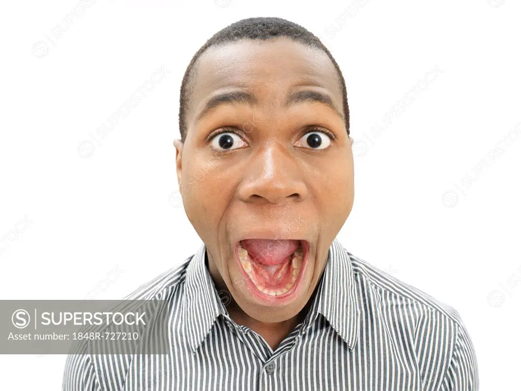 Amazed young man, African-American, American, surprised, with his mouth open