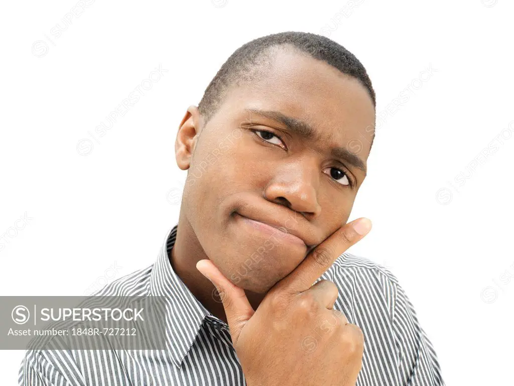 Young man, African-American, American, pensive face, sceptical