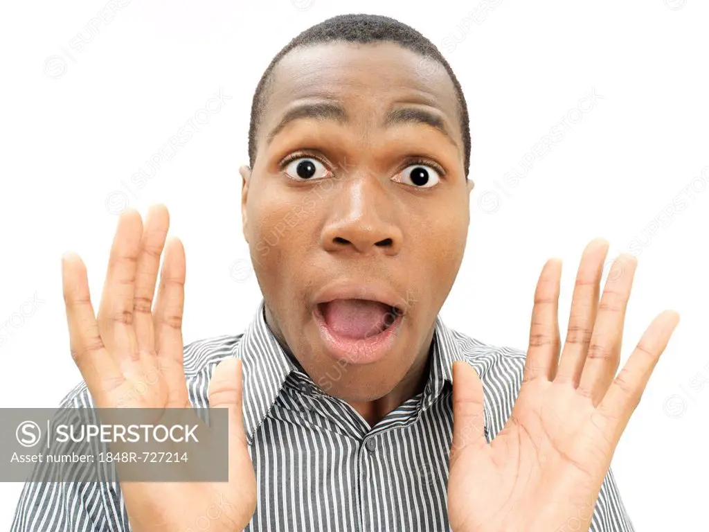 Young man, African-American, American, surprised face, frightened