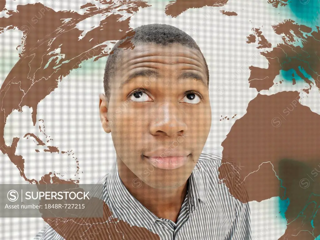 Man, businessman, young, African-American, American, standing behind a glass wall with the world map, looking astonished