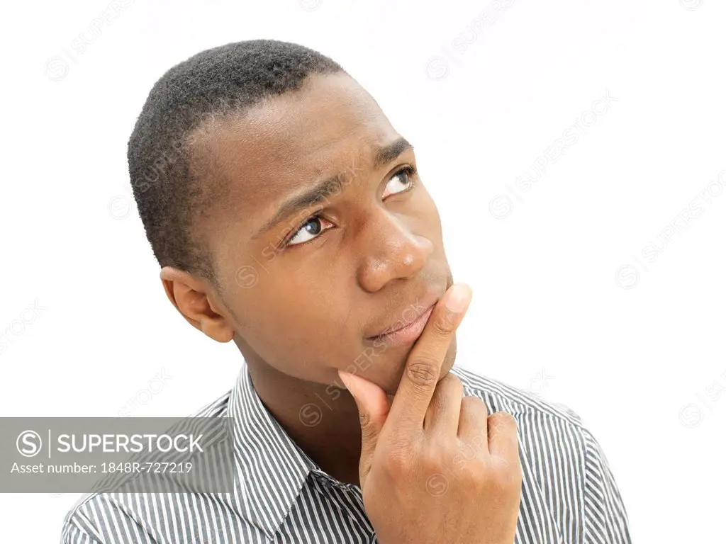African-American man, young American, pensive face, sceptical