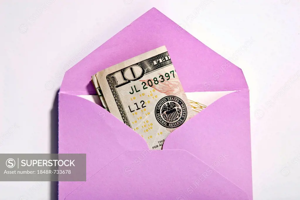 Envelope with a ten-dollar bill, money gift