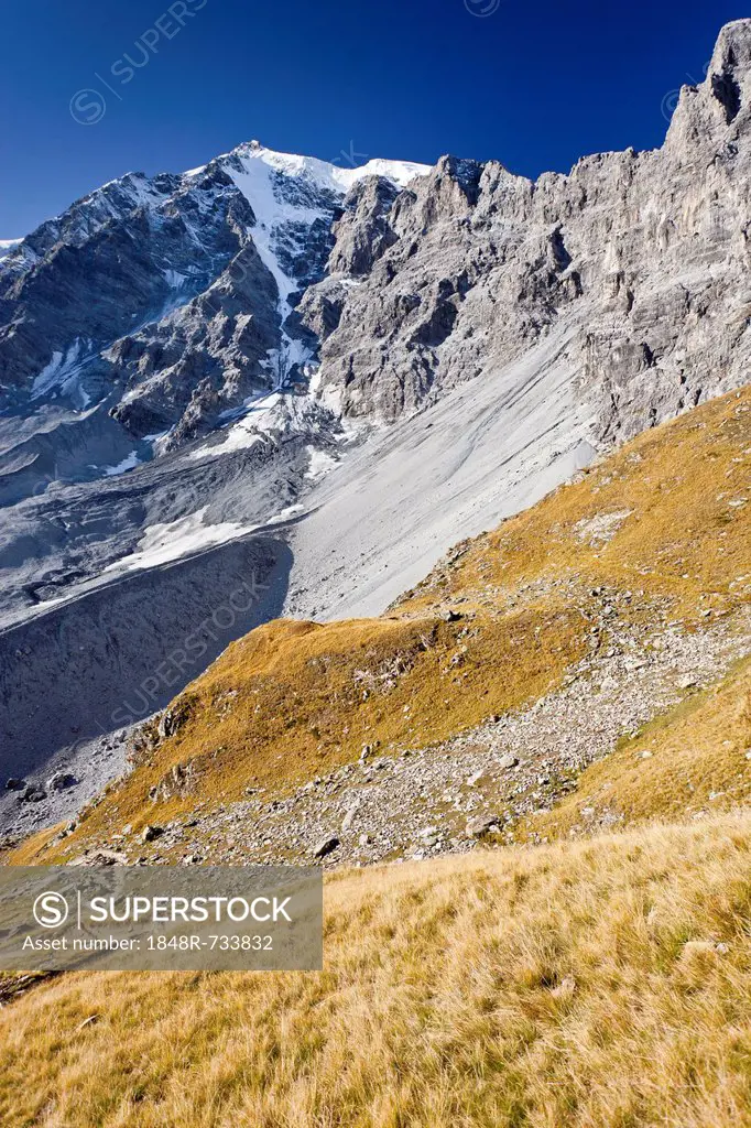 View during the ascent to Tabaretta fixed rope route, Ortler range, Mt Ortler with its north face at back, South Tyrol, Italy, Europe