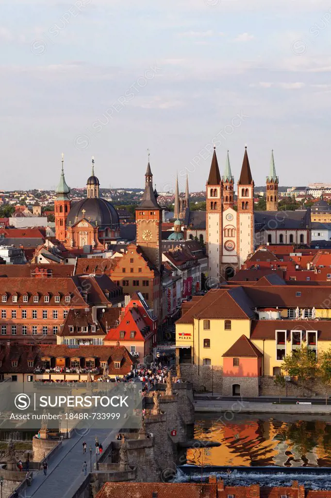 Main River, Old Main Bridge, Cathedral, Wuerzburg, Lower Franconia, Franconia, Bavaria, Germany, Europe, PublicGround