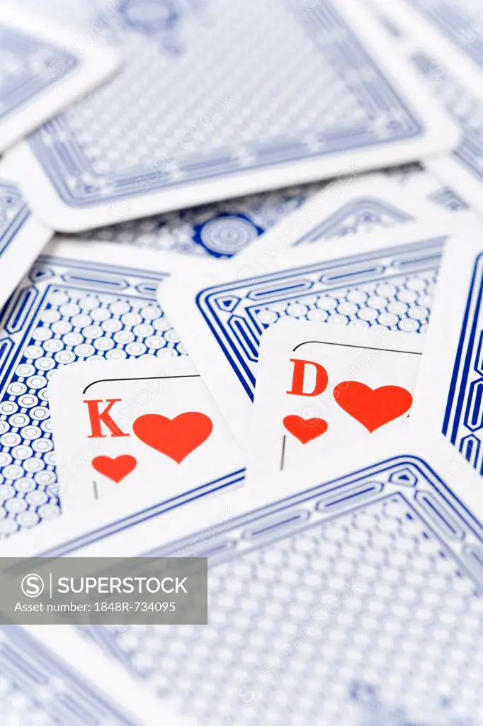 Playing cards, King of Hearts, Queen of Hearts, from a German deck where D stands for Dame