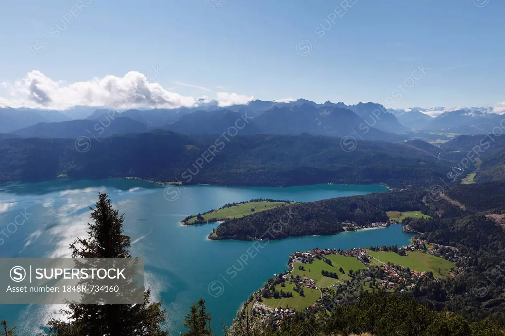 Lake Walchen and the town of Walchensee, Zwergern peninsula, as seen from Herzogstand mountain, Upper Bavaria, Bavaria, Germany, Europe, PublicGround