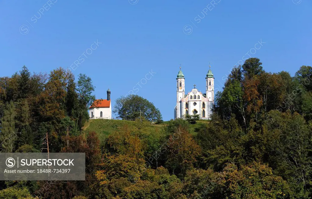 Leonard Chapel and the Church of the Holy Cross, Calvary Hill, Bad Toelz, Upper Bavaria, Bavaria, Germany, Europe, PublicGround