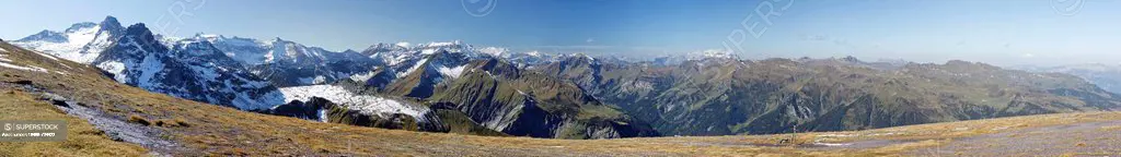 Panorama of the Alps, Swiss Tectonic Arena Sardona, UNESCO World Heritage Site, Glarus Thrust, St. Gallen - Glarus - Graubuenden or Grisons, Switzerla...