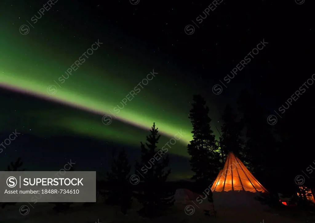 Illuminated Tipi, northern polar lights, Aurora borealis, green, near Whitehorse, Yukon Territory, Canada, America