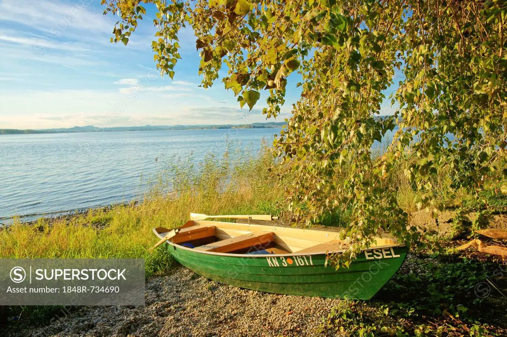 Fishing boat in the evening sun on the island of Reichenau, Baden-Wuerttemberg, Germany, Europe