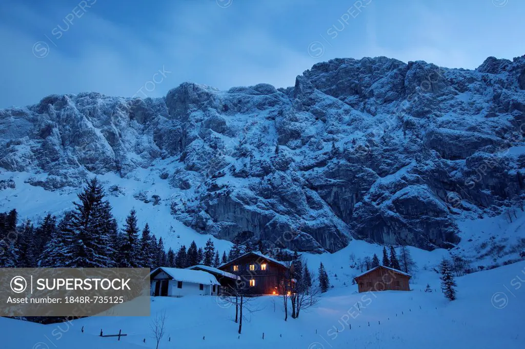Tutzinger Huette mountain lodge in winter, Benediktbeuern, Bavaria, Germany, Europe