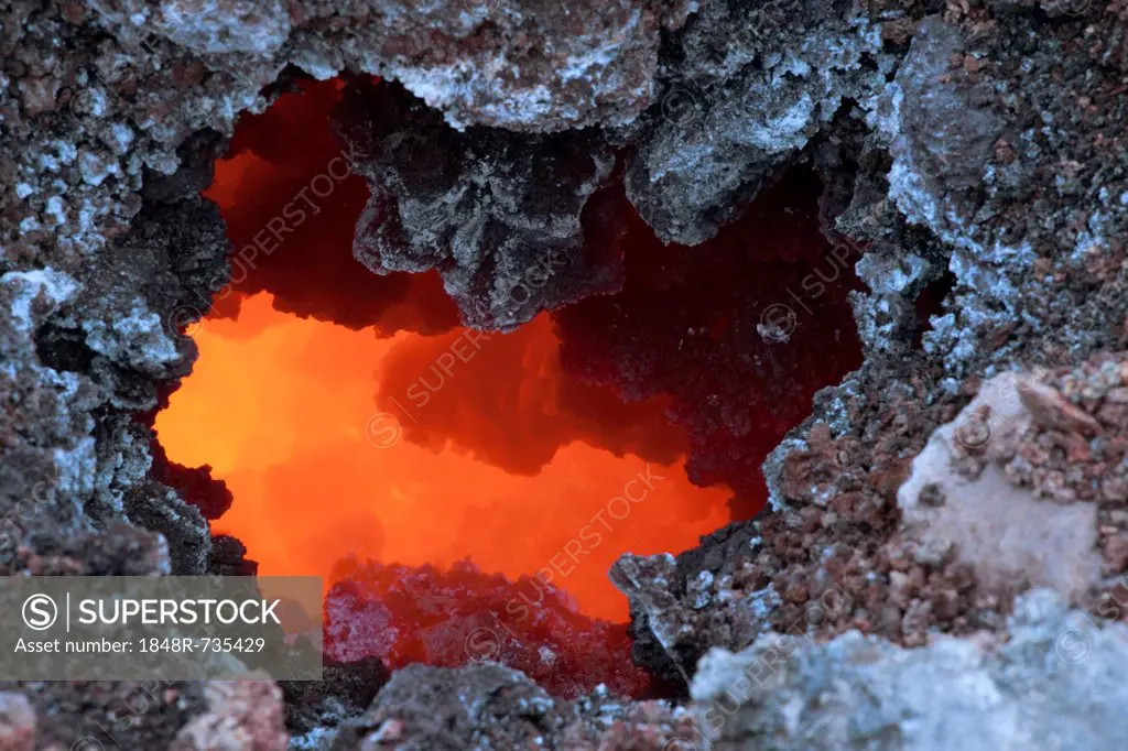 Molten lava a year after the eruption of a fissure vent in the Fimmvoerðuháls region, Fimmvoerðuháls hiking route, Þórsmoerk, Iceland, Europe