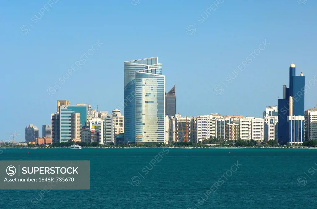 Skyline of Abu Dhabi along the Corniche, Abu Dhabi, United Arab Emirates, Middle East