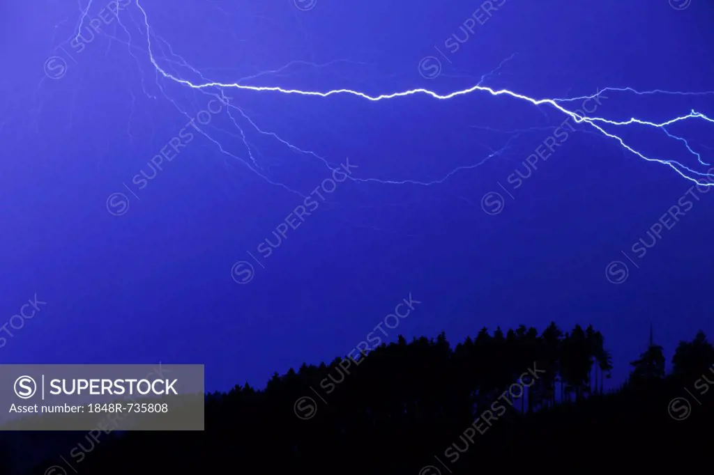 Lightning, thunder over a mountain landscape, Gummersbach, Oberbergischer Kreis, North Rhine-Westphalia, Germany, Europe