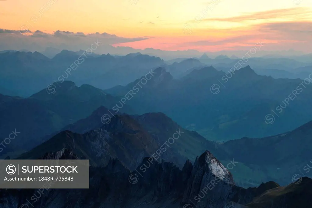 Sunset overlooking the Swiss Alps in eastern Switzerland, from Mt Saentis in the Alpstein Range, Switzerland, Europe