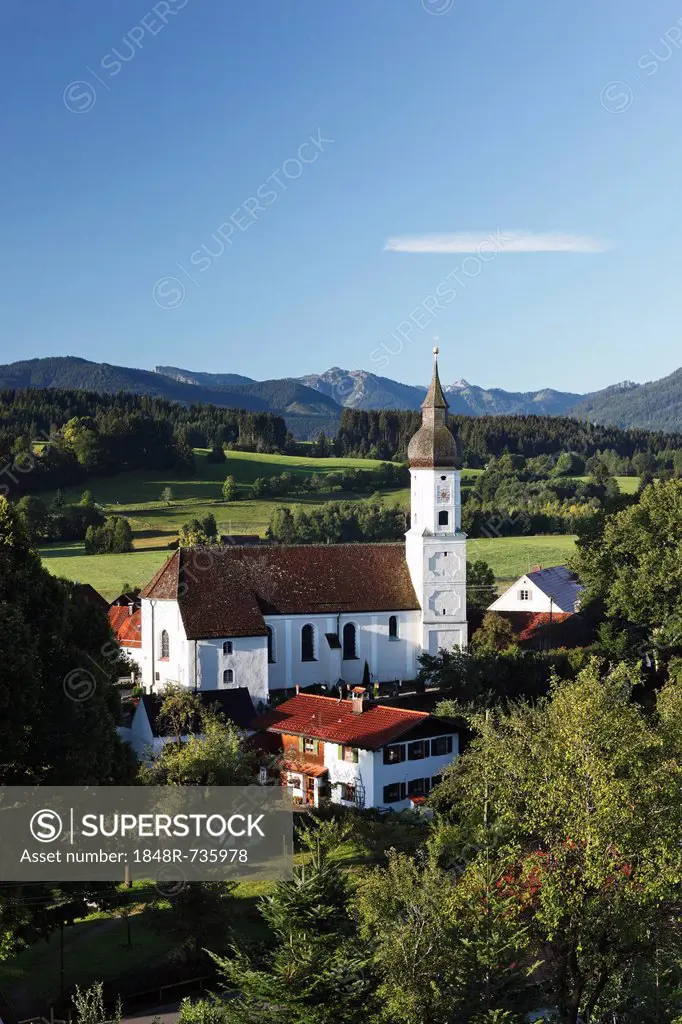 Town view with parish church of St. George, Bad Bayersoien, Pfaffenwinkel, Upper Bavaria, Bavaria, Germany, Europe, PublicGround