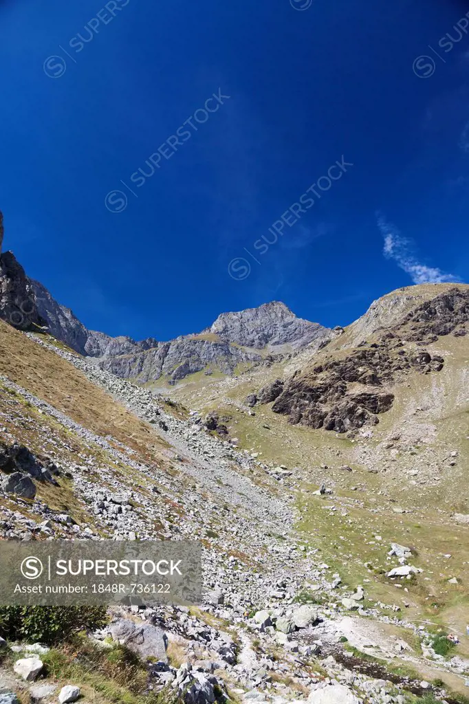 On the Pian del Re, high plateau, source of the Po River, Cottian Alps, Cuneo, Piedmont, Italy, Europe