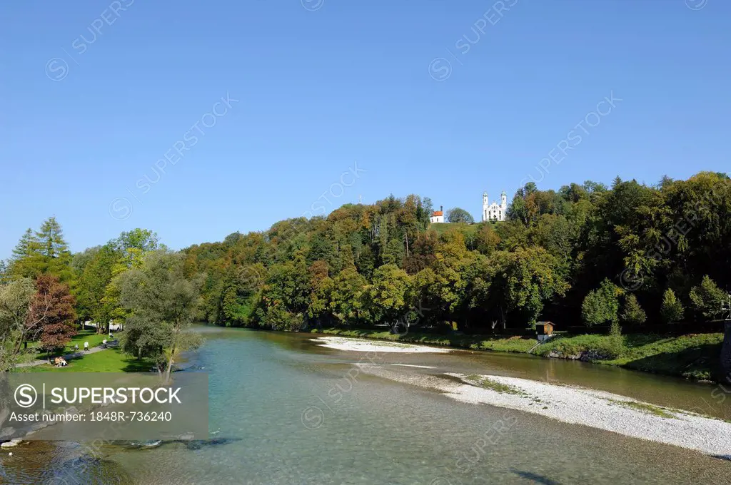 Isar River near Bad Toelz with Leonard Chapel and the Church of the Holy Cross, Calvary Hill, Bad Toelz, Upper Bavaria, Bavaria, Germany, Europe, Publ...