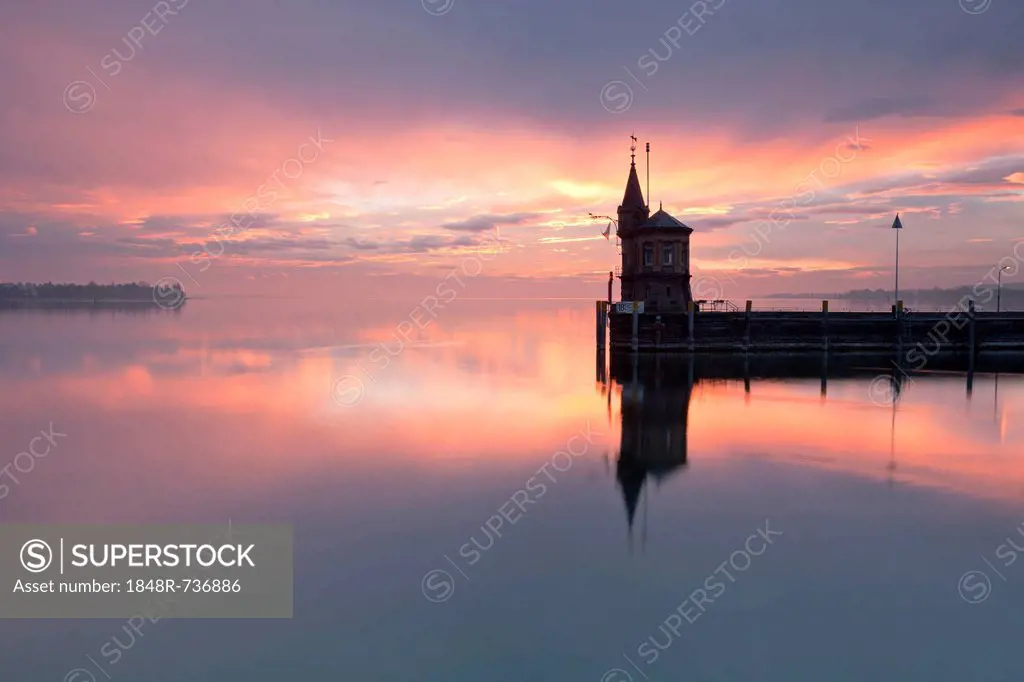 Early morning mood with Imperia at the port of Konstanz, Lake Constance, Baden-Wuerttemberg, Germany, Europe