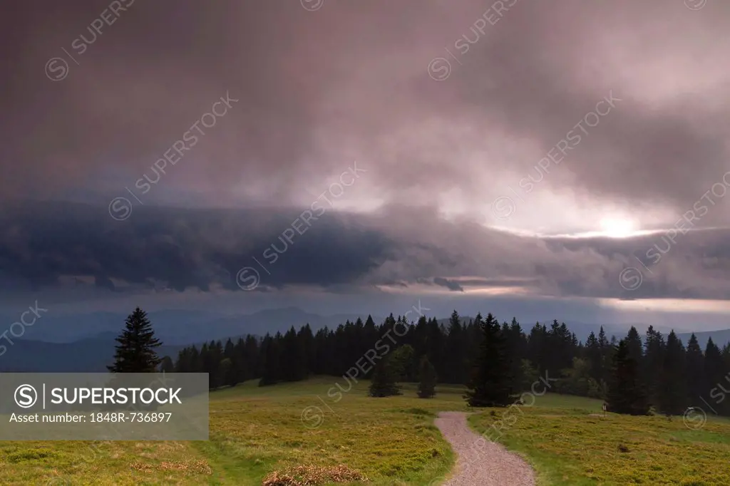 Dramatic clouds seen from Herzogenhorn mountain near Feldberg mountain, southern Black Forest, Baden-Wuerttemberg, Germany, Europe