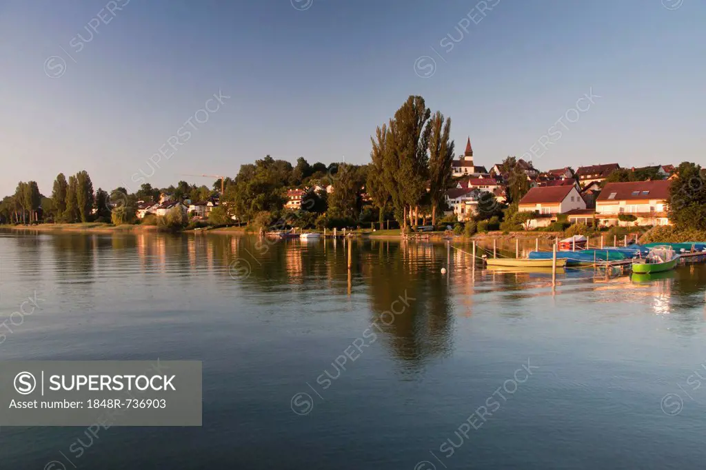 Dingelsdorf on Lake Constance, with parish church of St. Nicholas in the morning light, Dingelsdorf, Baden-Wuerttemberg, Germany, Europe