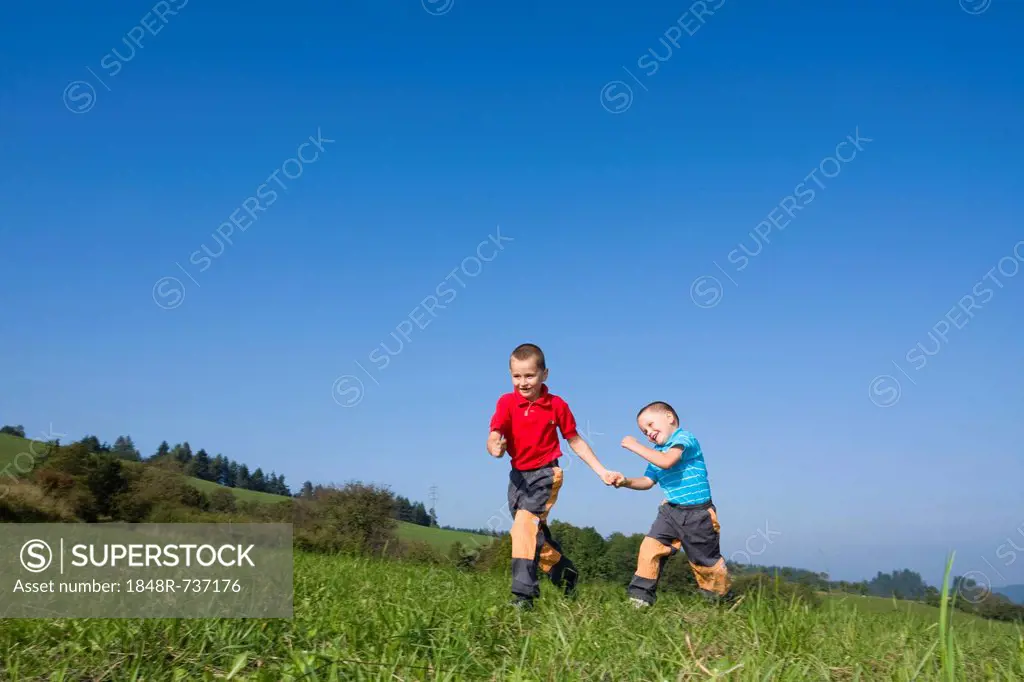 Boys, 6 and 4 years, running over a meadow