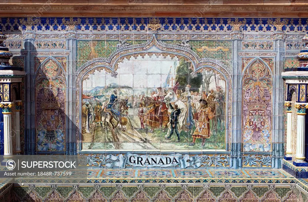 Tile mosaic of a Spanish province, Plaza de España, Seville, Spain, Europe