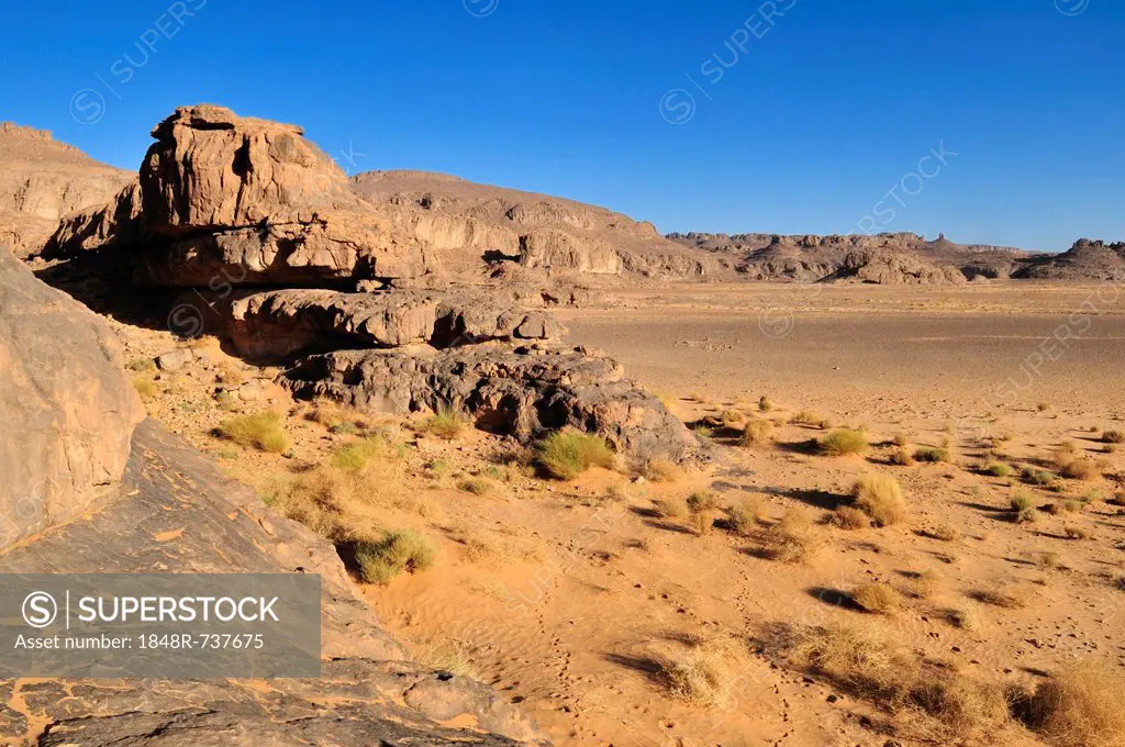 Sandstone rock formation and Oeud, Wadi on Tasset Plateau, Tassili n'Ajjer National Park, Unesco World Heritage Site, Wilaya Illizi, Algeria, Sahara, ...