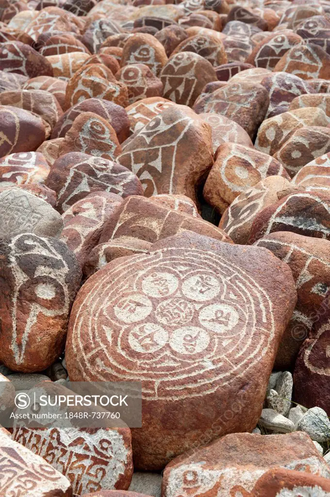 Tibetan Buddhism, Mani stones with Tibetan script, former monastery of Nyengo Gompa above Lake Manasarovar, Mapham Yutsho, Kailash area, Ngari, Trans-...
