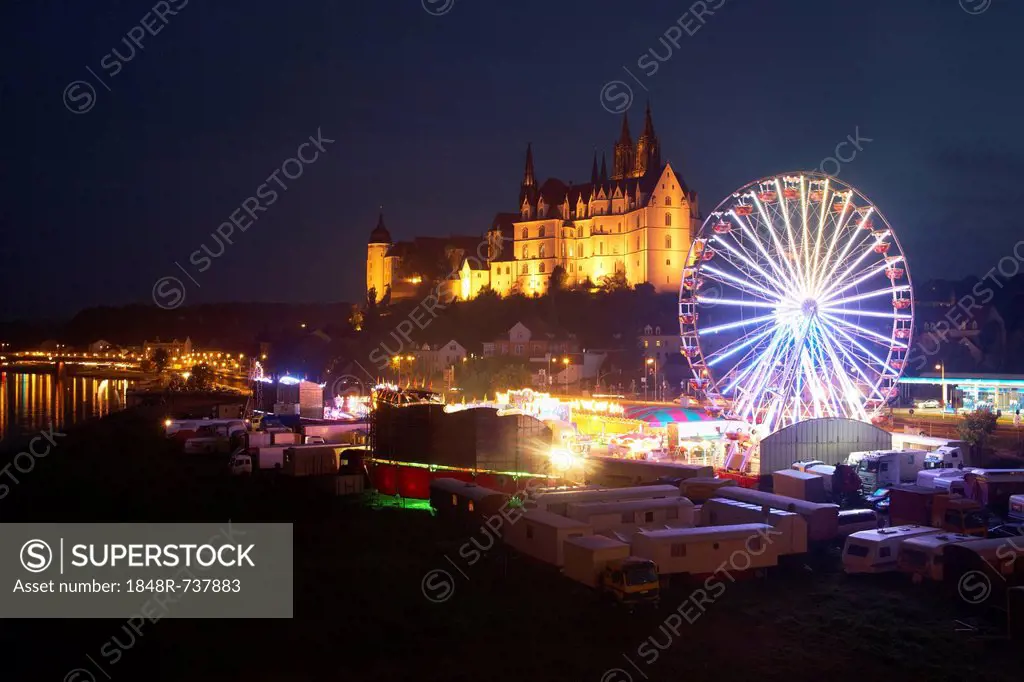 Wine festival with a Ferris wheel, funfair on the Elbe river in front of Albrechtsburg Castle and Meissen Cathedral, Meissen, Saxony, Germany, Europe