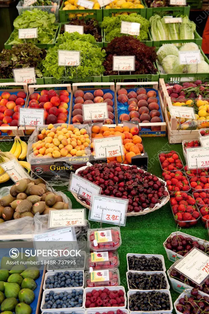 Market stall, fruit stand, nicely decorated various fruit, blueberries, raspberries, cherries, apricots, peaches and salad, Viktualienmarkt market, Mu...