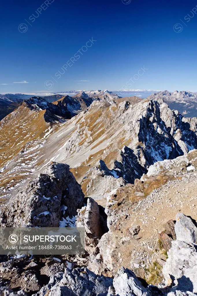View from Cima Campagnacia Mountain, along the Bepi Zac climbing route in San Pellegrino Valley above San Pellegrino Pass, looking towards the Dolomit...