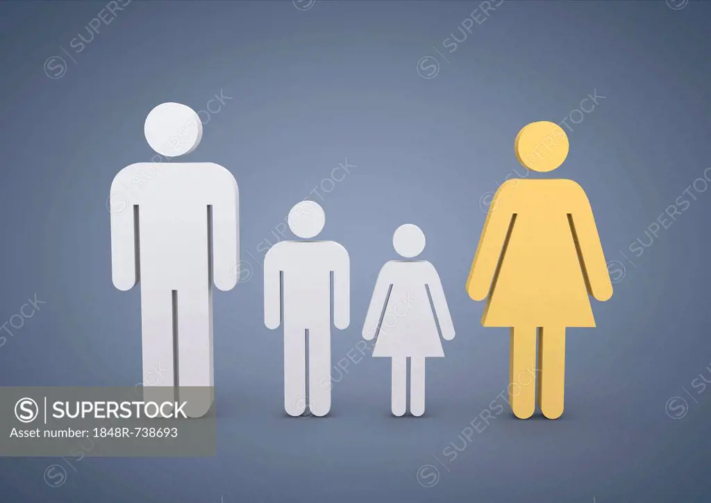 Family with two children, symbolic image for sole wage earner, married couples tax splitting, 3D illustration