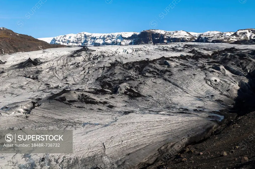 Glacier tongue of Sólheimajoekull, Mýrdalsjoekull Glacier, Suðurland, South Iceland, Iceland, Europe