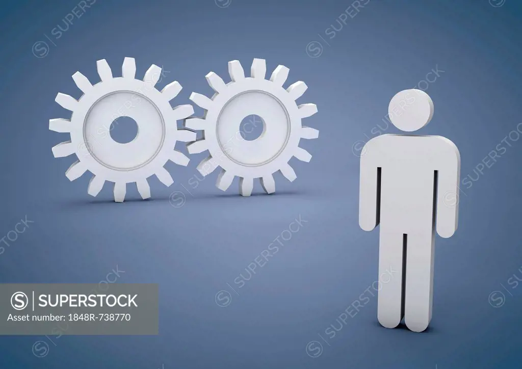 Man and cog wheels, symbolic image for workplace, employee, 3D illustration