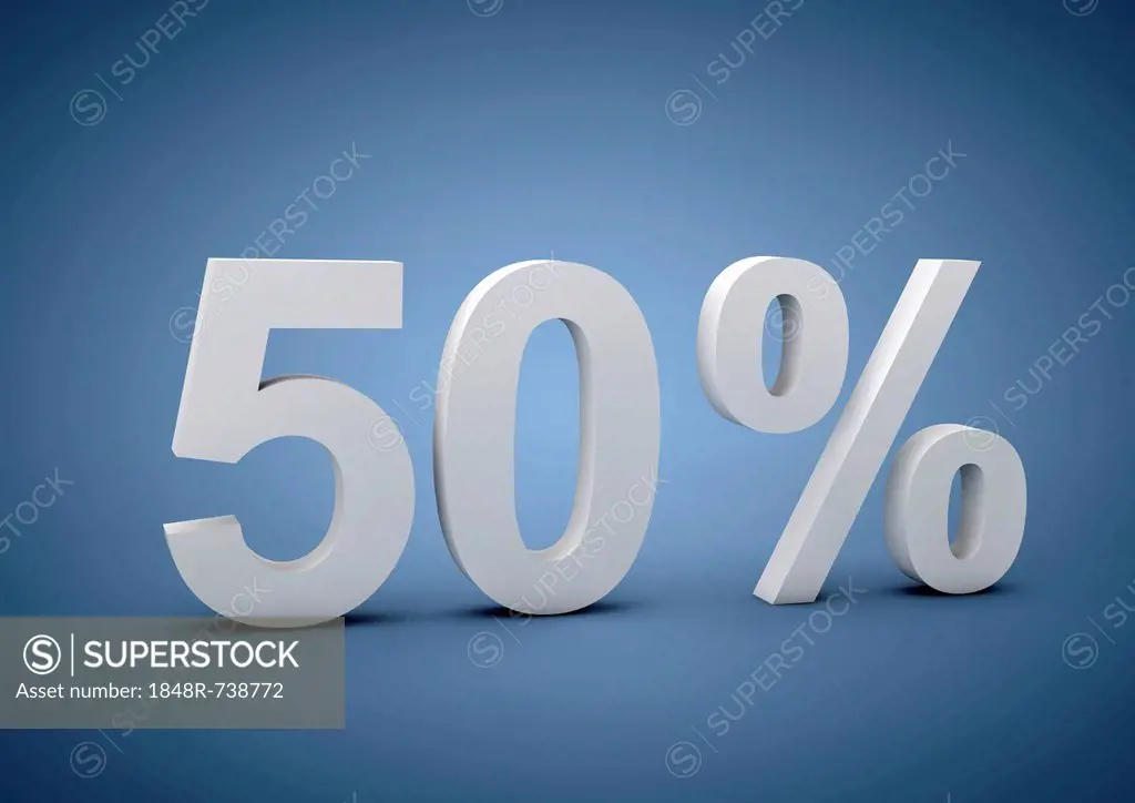 50 percent, sign, symbolic image for discounts, 3D illustation