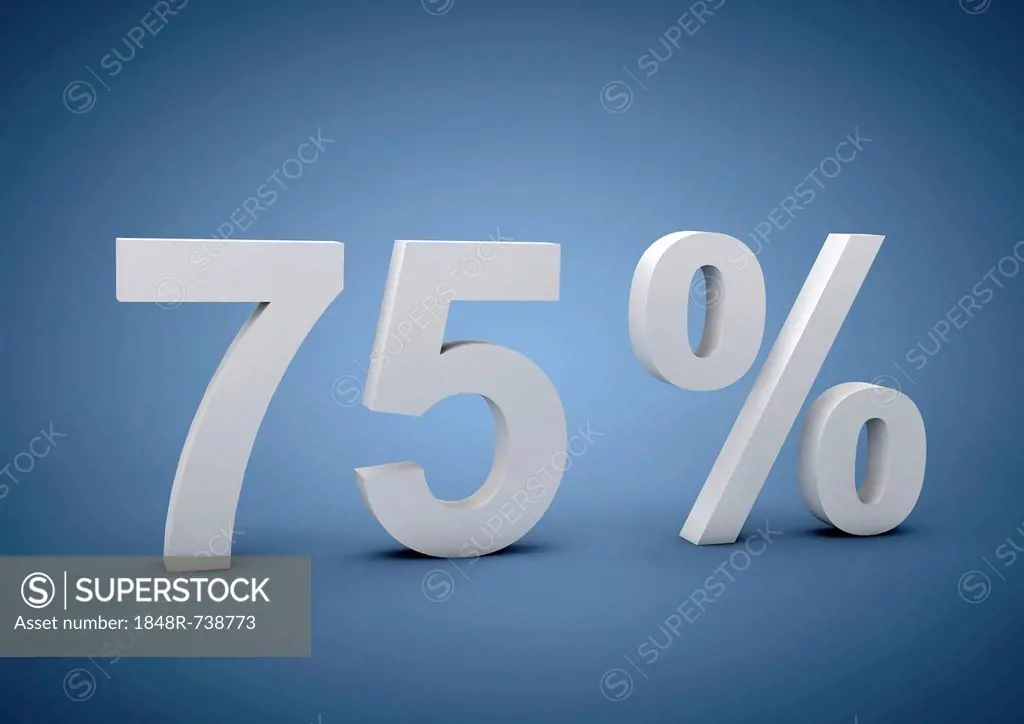 75 percent, sign, symbolic image for discounts, 3D illustation
