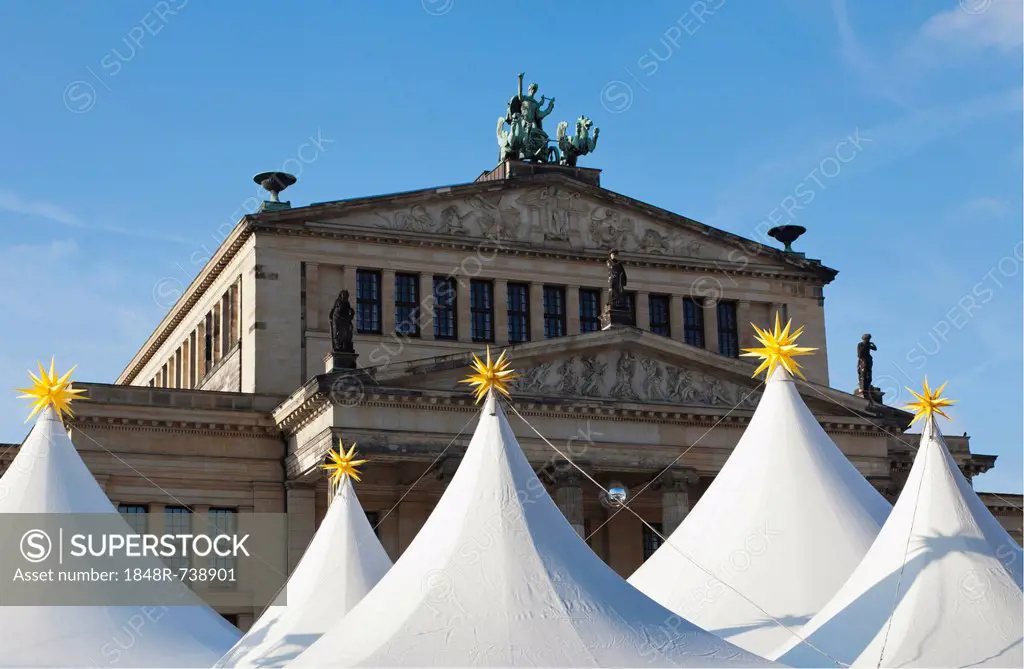 Tops of the tents of the Berlin Christmas Market in front of the Konzerthaus Berlin concert hall on Gendarmenmarkt square, Berlin, Germany, Europe