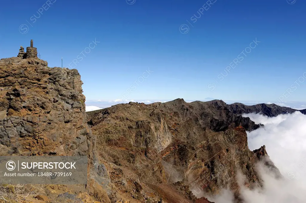 Summit of the Pico Fuente Nueva with a sea of clouds in the Caldera de Taburiente National Park, La Palma, Canary Islands, Spain, Europe, PublicGround