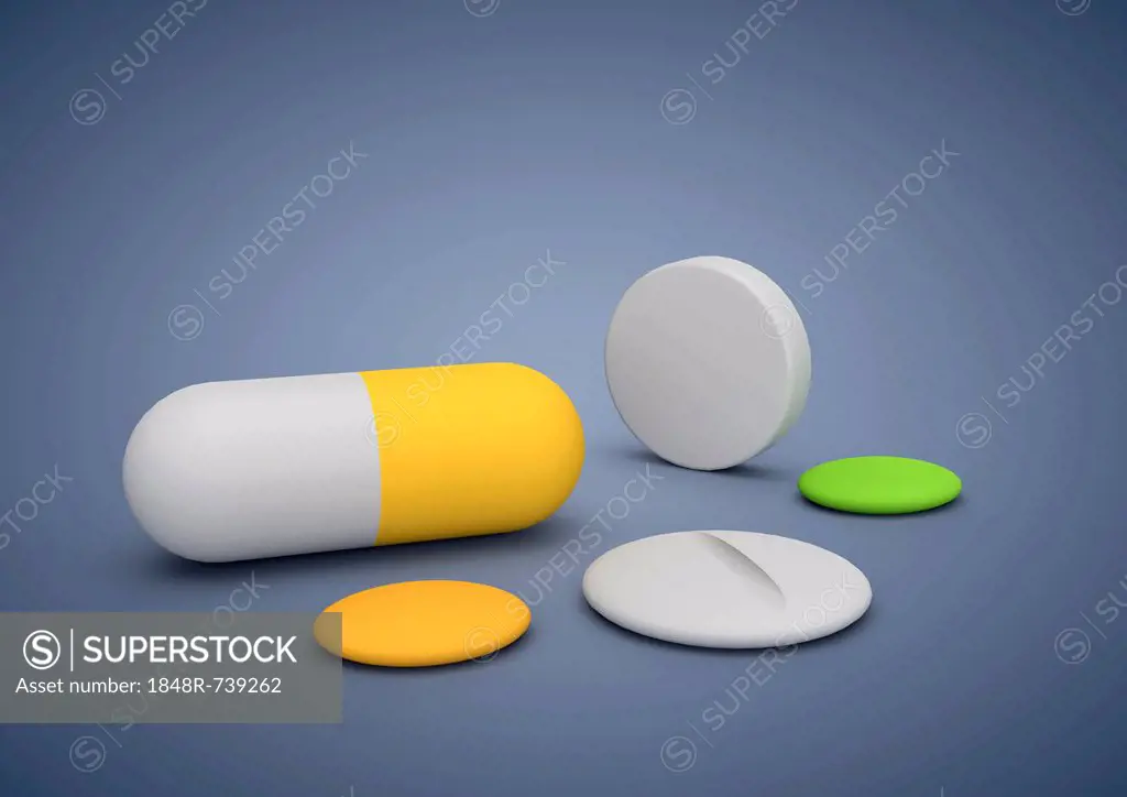 Tablets, medicines, symbolic image for healthcare system, medicine, 3D illustration