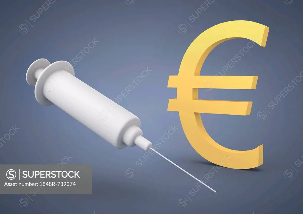 Syringe with an Euro symbol, symbolic image for cost of the healthcare system, health insurance, 3D illustration