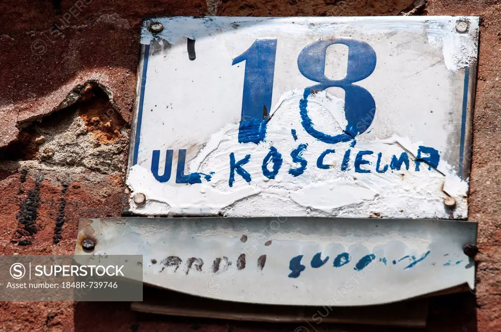 Sign, house number 18, Church street, Auschwitz, Oswiecim, Lesser Poland, Poland, Europe