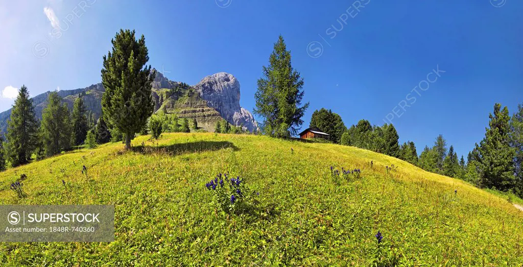 Mt Peitlerkofel, Sasso delle Putia, panoramic view at Wuerzjoch, Passo delle Erbe, Villnoess, Funes, Dolomites, South Tyrol, Italy, Europe